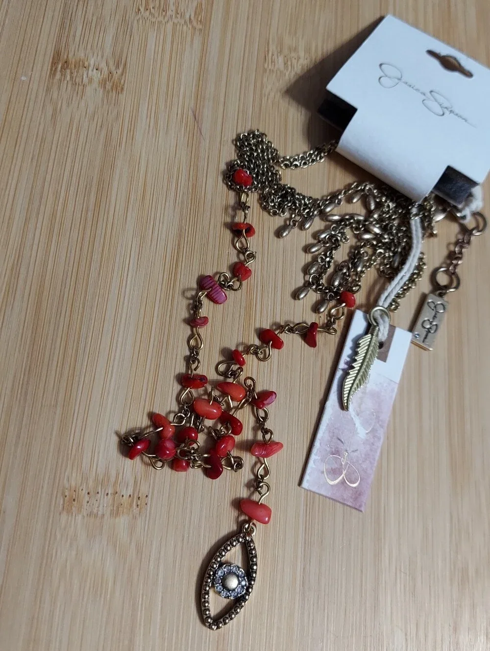 Jessica Simpson Antique Gold Tone/Multi-Strand Coral Stone Evil Eye Necklace
